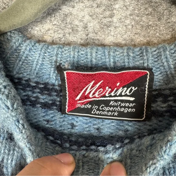 Merino Knitwear Blue Fair Isle Wool Sweater Nordic Pattern Denmark Fisherman - Picture 7 of 15